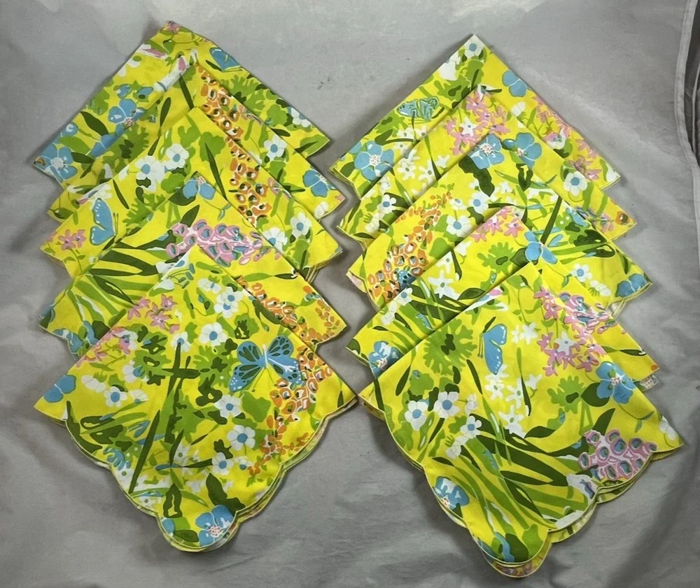 Mod Floral Print Cloth Napkins 10pc Set Square Mid Century 1960s 1970s